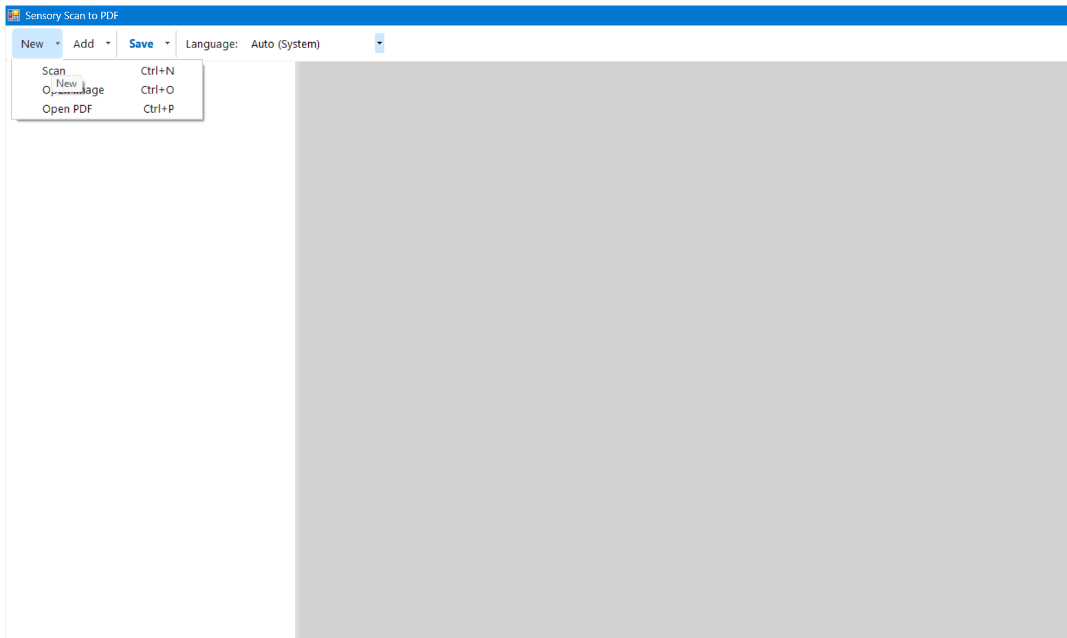 The New split-button menu showing Scan (Ctrl+N), Open Image (Ctrl+O), and Open PDF (Ctrl+P).