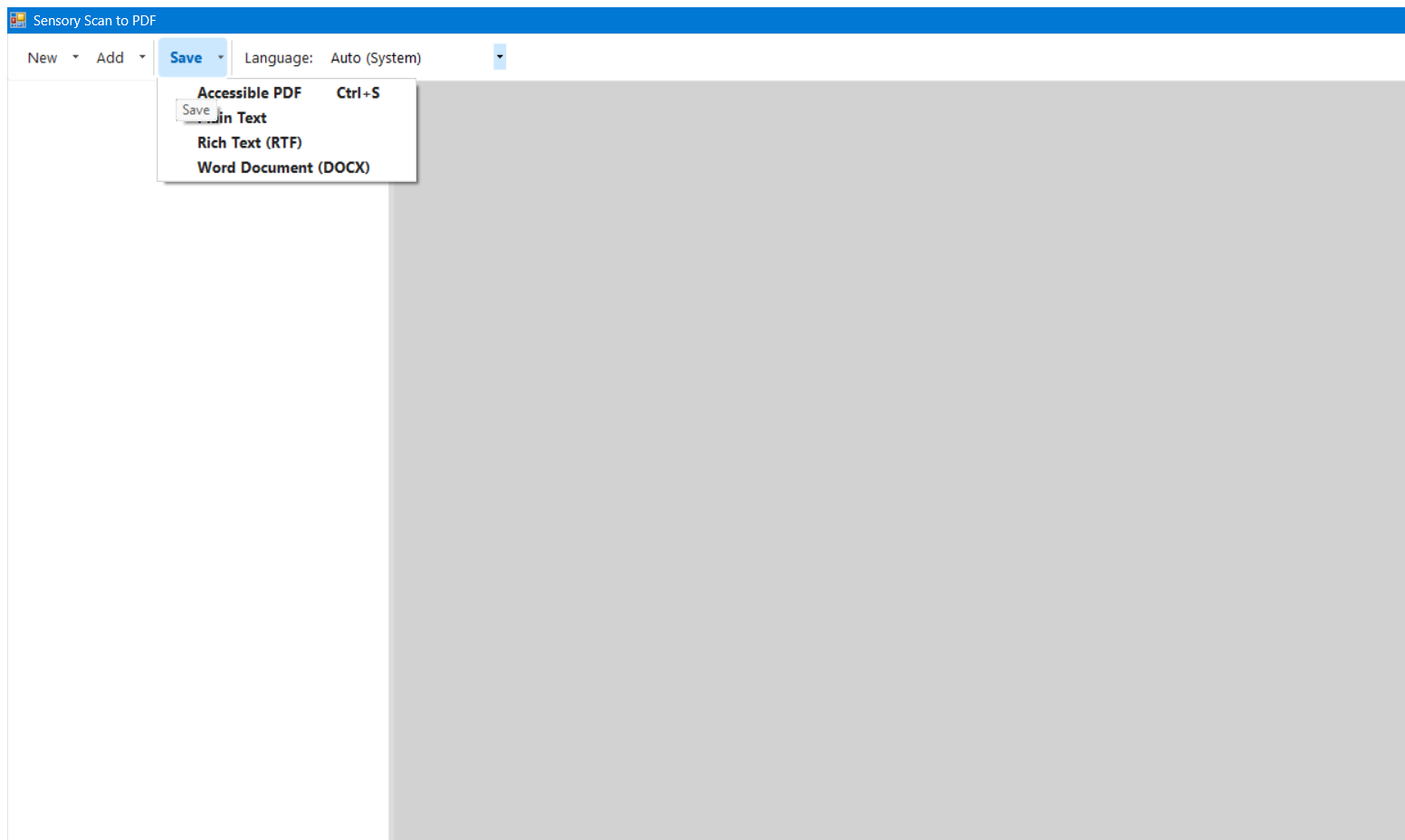 The Save split-button menu showing Accessible PDF (Ctrl+S), Plain Text, Rich Text (RTF), and Word Document (DOCX).