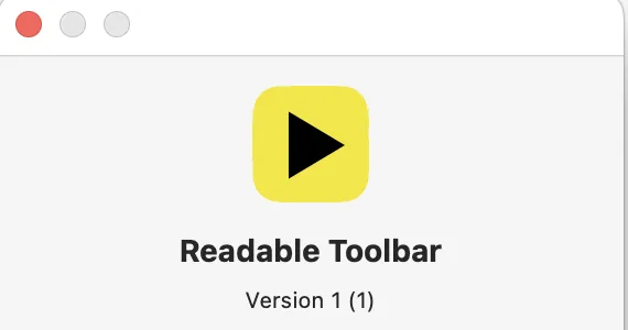 Readable Toolbar for Mac About panel showing the version number