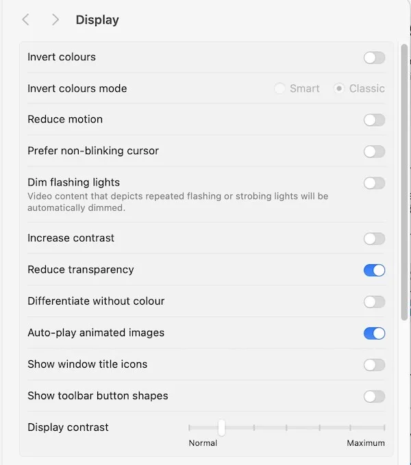 macOS Display Settings panel showing colour filter and invert options at the top