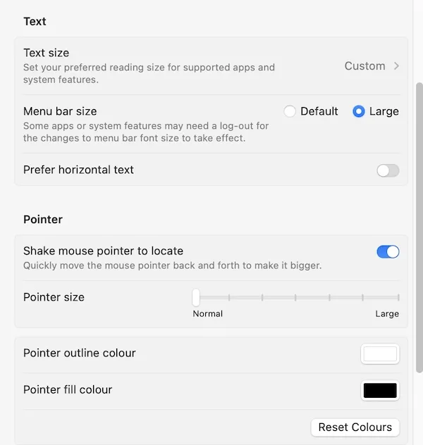 macOS Display Settings panel showing text size and contrast options