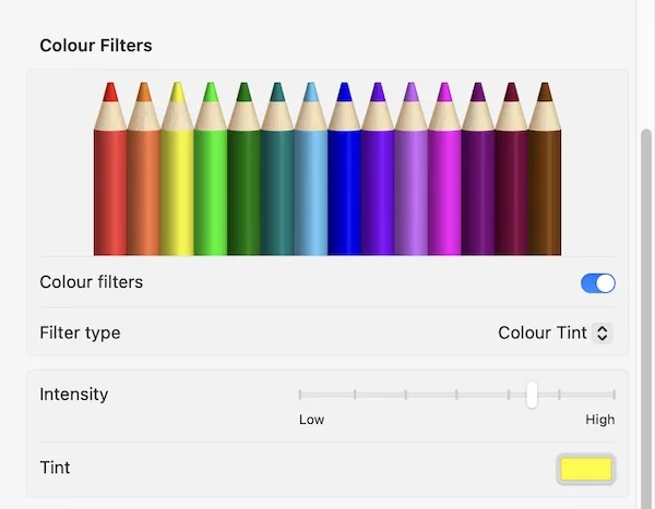 macOS Display Settings panel showing colour filter tint settings