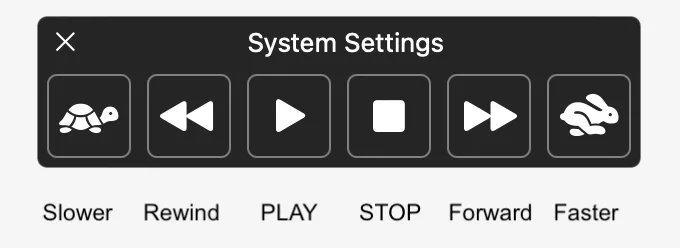 macOS Text to Speech controller toolbar with labelled buttons for play, stop, rewind and speed
