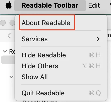 Readable Toolbar for Mac About menu item in the application menu bar