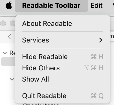Readable Toolbar Mac dock icon right-click menu with Quit option highlighted