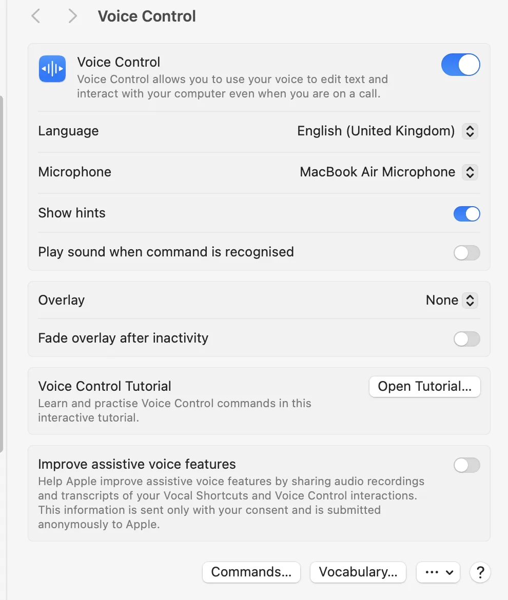 macOS Voice Control settings panel showing the Enable Voice Control option and language settings