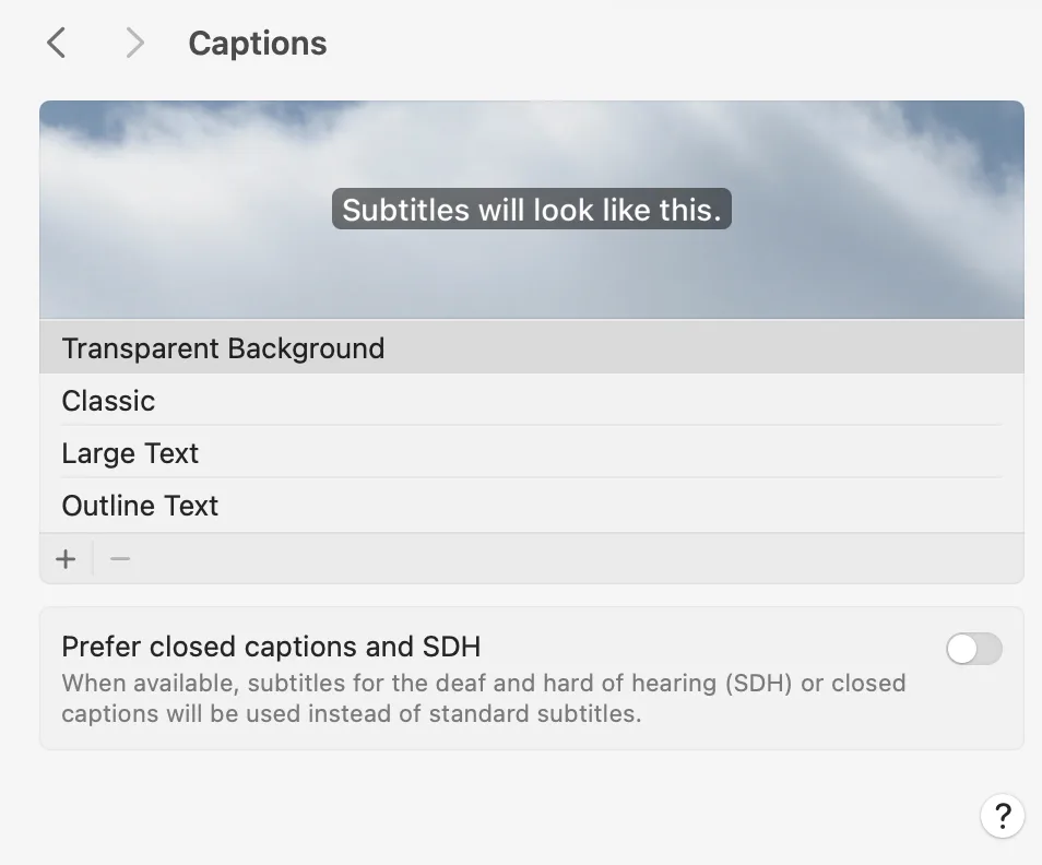 macOS Accessibility Captions settings panel showing subtitle style and live captioning options