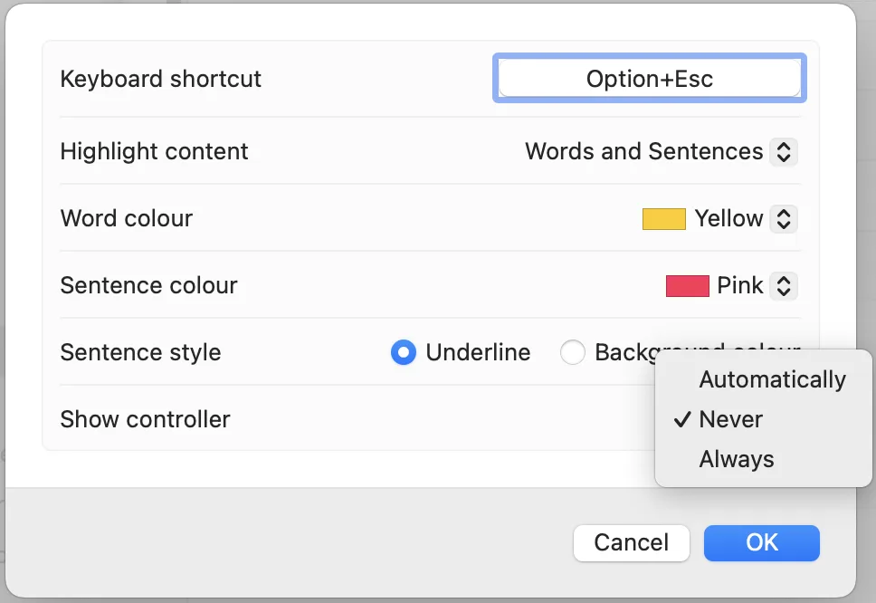 macOS Spoken Content settings panel showing the Show Controller option for the TTS toolbar