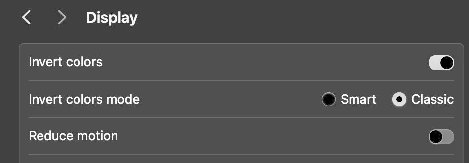 Example of an inverted display on a Mac showing white text on dark background