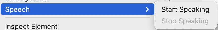 macOS right-click context menu showing the Speech submenu with Start Speaking option