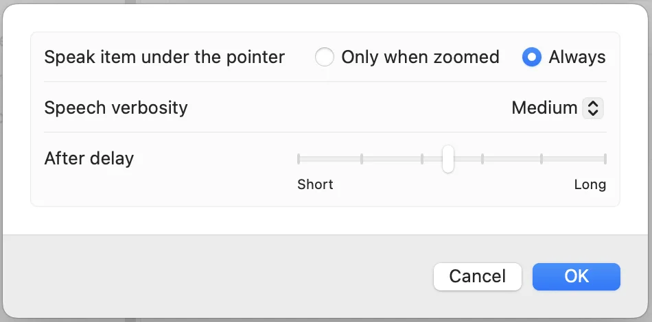 macOS Spoken Content settings showing Speak Under Pointer with verbosity and delay options