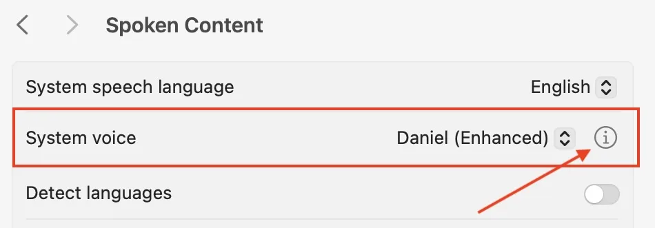 macOS Spoken Content settings showing individual voice settings including rate, pitch, and timbre