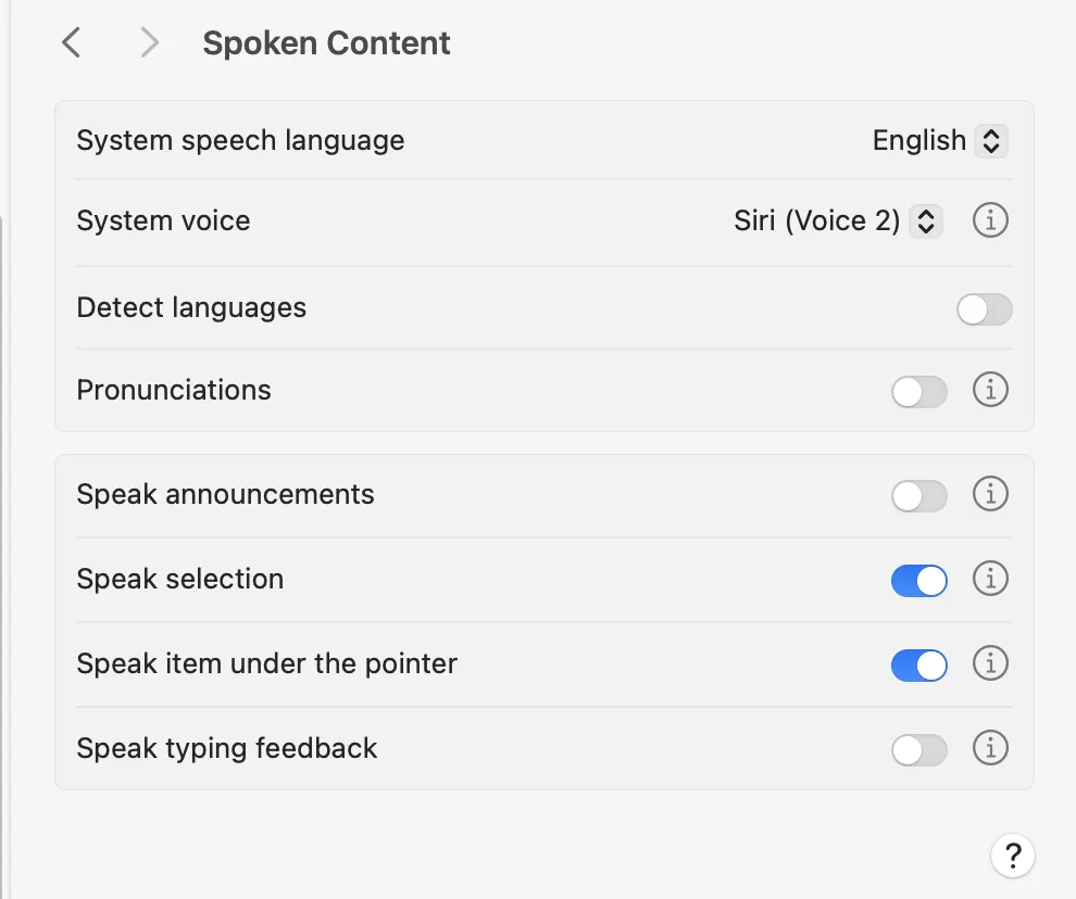 macOS Accessibility Spoken Content settings panel showing all text-to-speech options