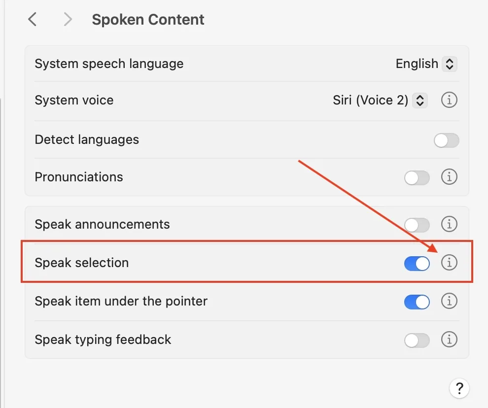 macOS Spoken Content settings with Speak Selection enabled and keyboard shortcut shown