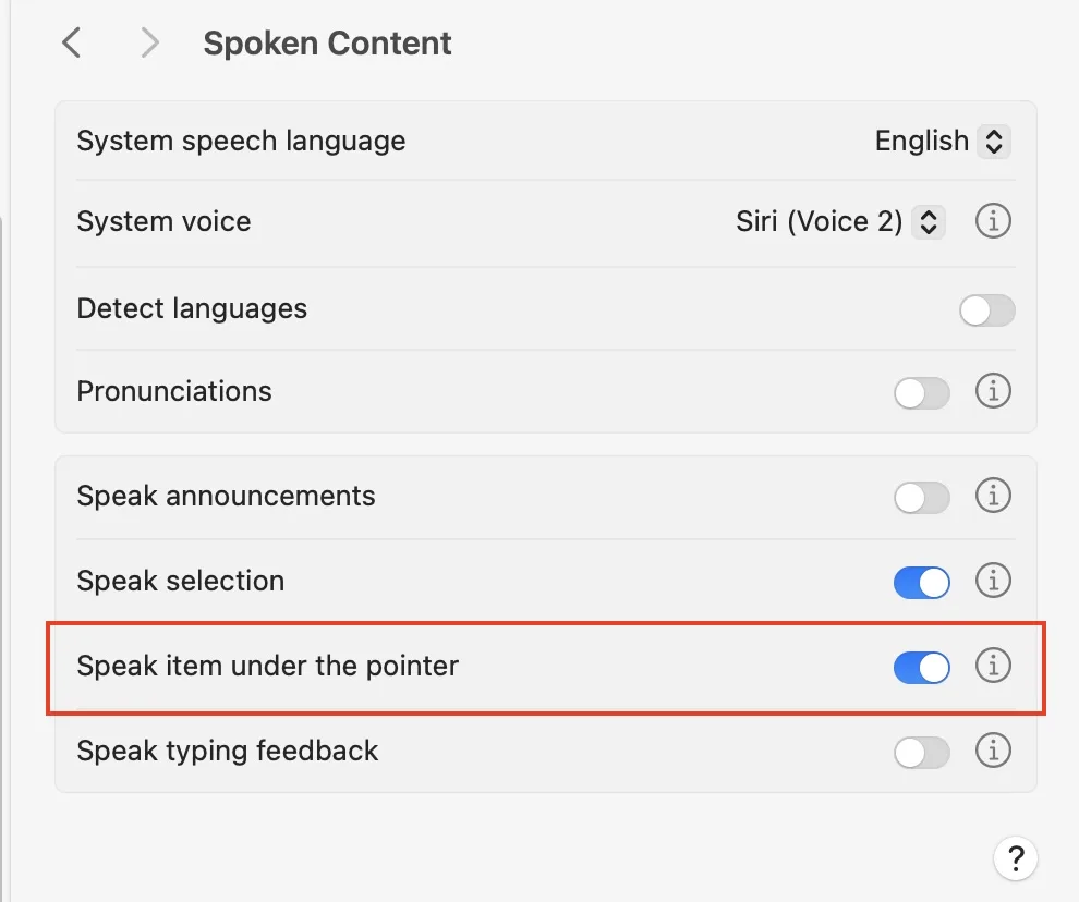 macOS Spoken Content settings showing the Speak Under Pointer toggle and settings