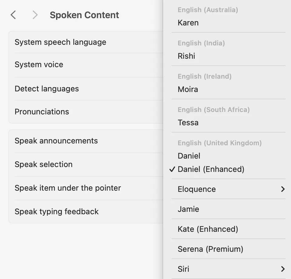 macOS Spoken Content voice selection panel showing available English voices including Daniel and Serena