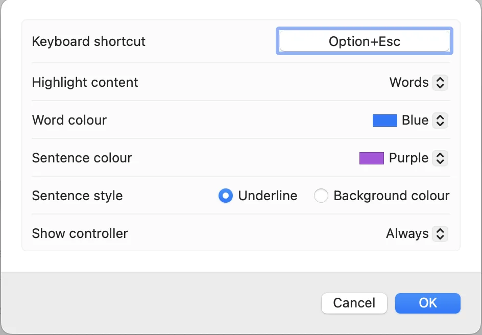 macOS Spoken Content settings showing word and sentence highlight colour options