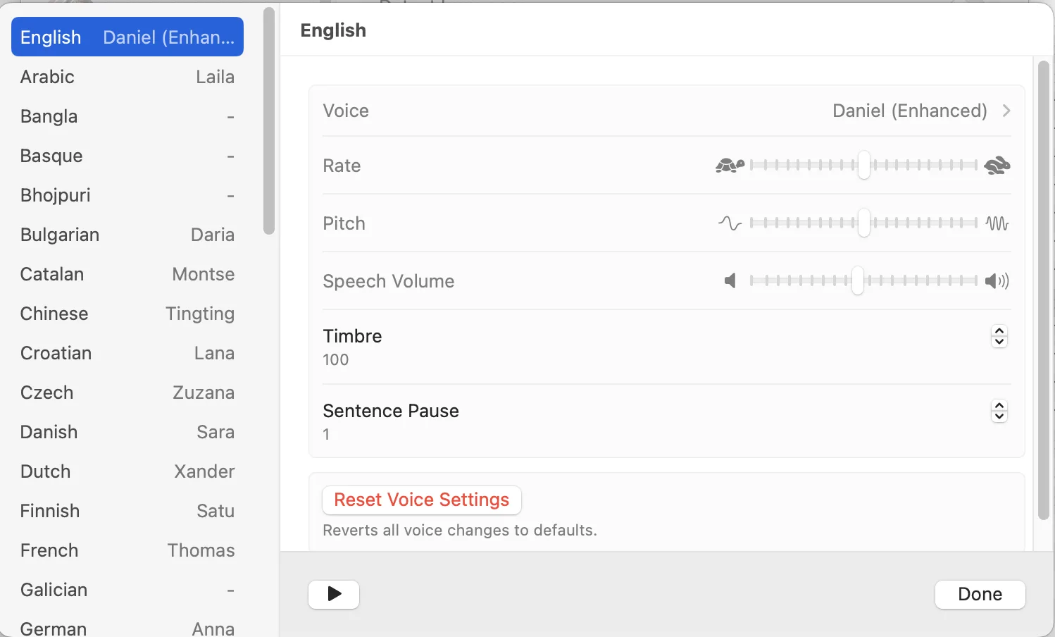 macOS Spoken Content voice settings panel showing speaking rate, volume, and pause controls
