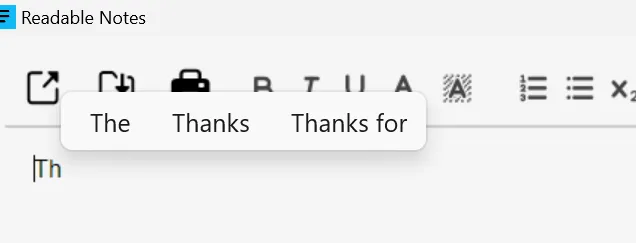 Readable Notes with Microsoft Windows word prediction suggestions shown as a floating bar above the text