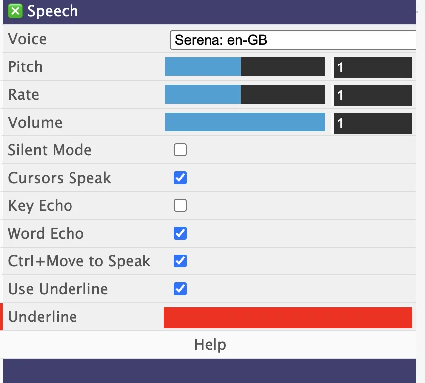 Readable Notes for Mac speech settings panel showing voice, rate, volume, and other speech options