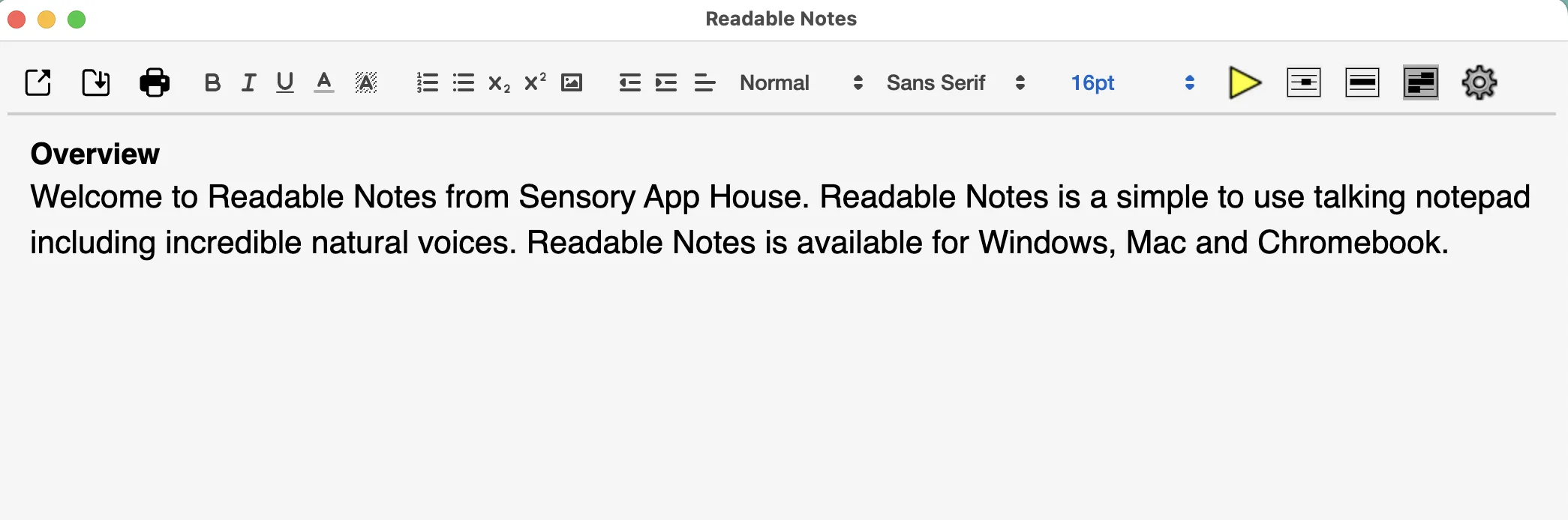 Readable Notes for Mac application window showing the toolbar and a text document open for editing