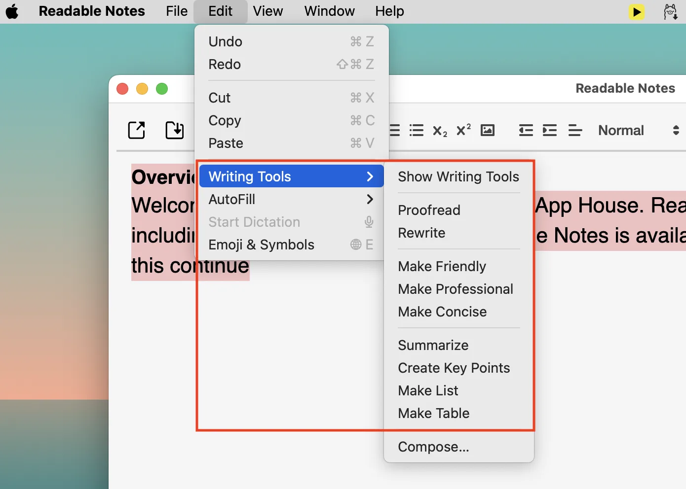 Readable Notes for Mac Writing Tools menu showing options including Proofread, Rewrite, Summarise and more