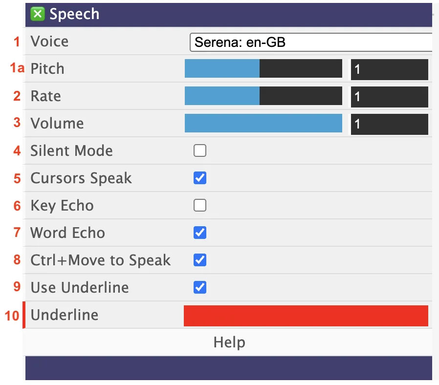Readable Notes for Mac speech settings panel showing cursor speak and key echo options