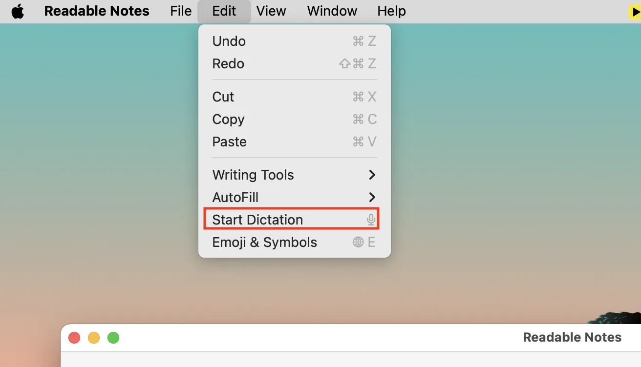 Readable Notes for Mac dictation menu option visible in the application menu bar