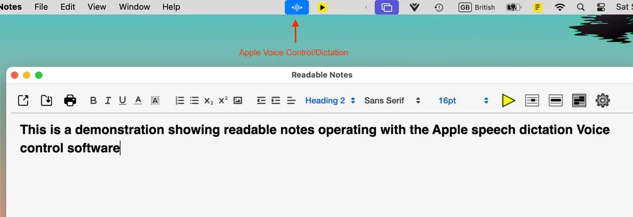 Readable Notes for Mac showing the dictation control bar with microphone button