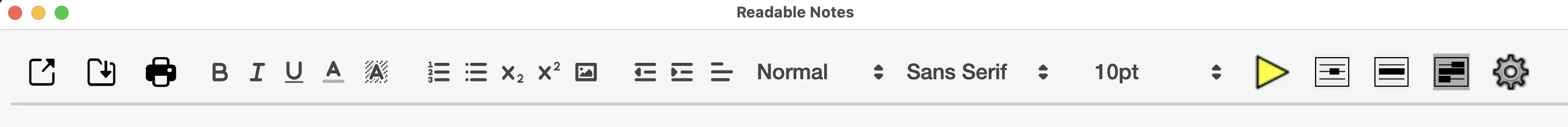 Readable Notes for Mac menu bar showing the main application menu options