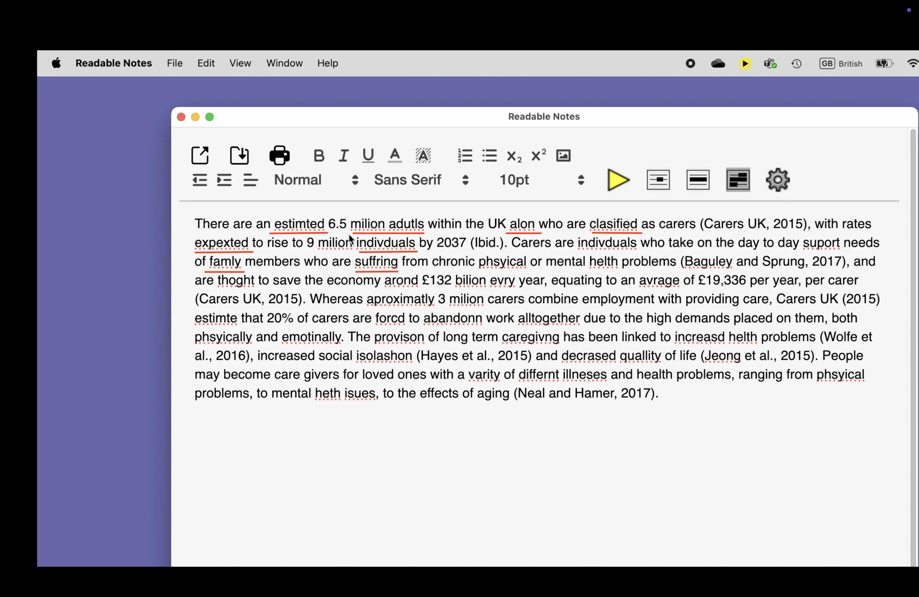 Readable Notes for Mac showing spelling errors underlined in red within the document text