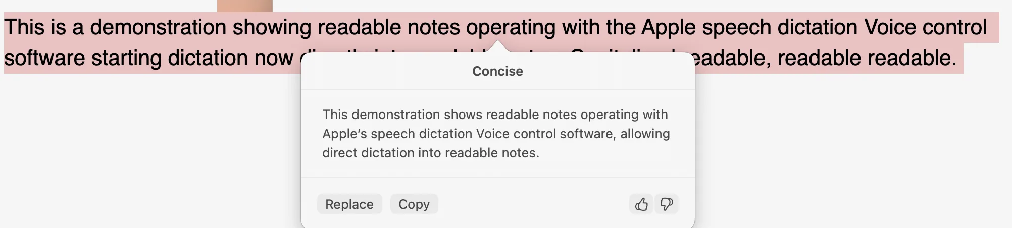 Readable Notes for Mac with Writing Tools suggestions appearing above the text toolbar