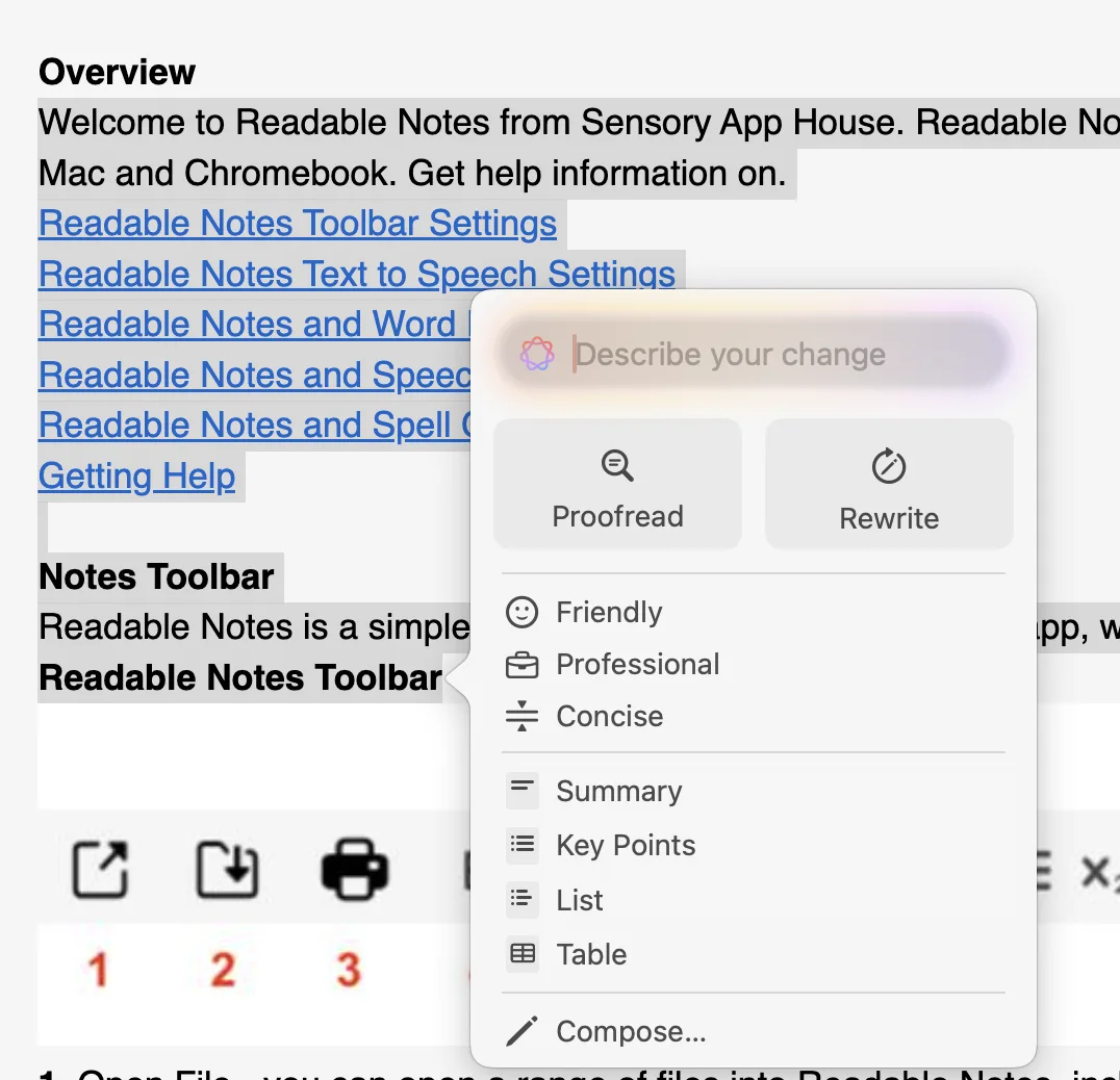 Readable Notes for Mac Writing Tools popup panel showing proofread corrections and suggestions