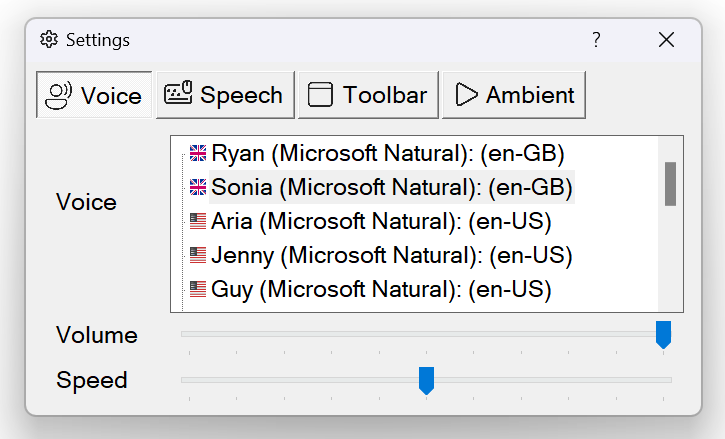 Readable Settings Voice tab showing a list of available voices with volume and speed sliders