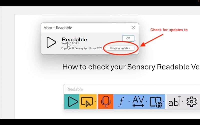 Readable About screen displaying the version number and Check for Updates button