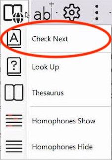 Readable spellcheck panel showing the Next button to move to the next misspelled word