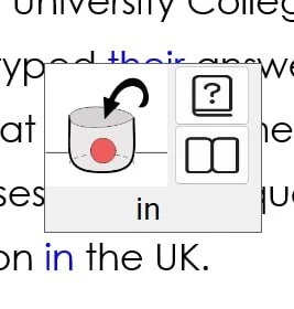 The Ctrl+Shift hover popup shown over the word 'in' in a Word document. The popup displays a pictogram of a glass with a red dot (representing the homophone meaning), with two icon buttons below it for definition and thesaurus lookup. The word 'in' appears highlighted in blue underneath the popup as part of the broader homophone highlighting.