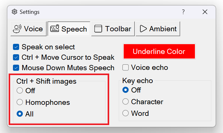 Readable Settings showing the CTRL+Shift key combination pop-up setting
