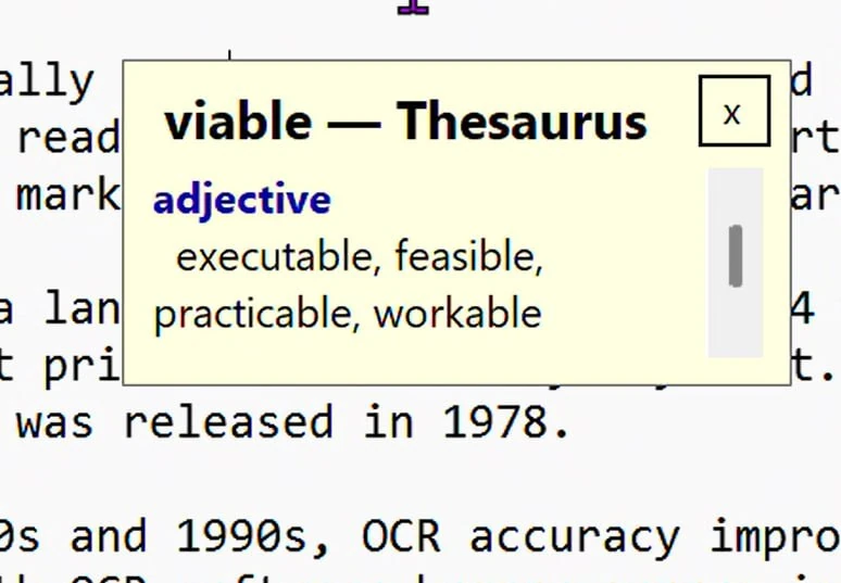 A standalone Thesaurus popup showing the headword 'viable', the part of speech 'adjective', and four synonyms: executable, feasible, practicable, workable.
