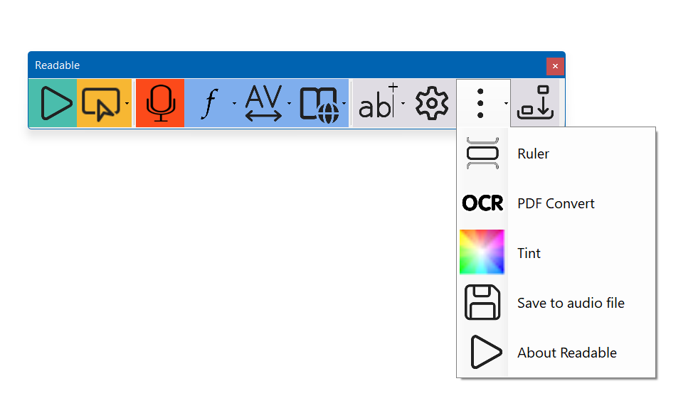 Readable More menu pull-down showing extra tools: Sensory PDF Reader, Sensory Ruler, Sensory Tint, PDF Convert, Sensory Markers and Readable Editor