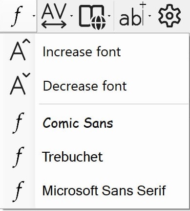 The Font dropdown menu in Sensory Readable showing five options: Increase font, Decrease font, Comic Sans, Trebuchet, and Microsoft Sans Serif.