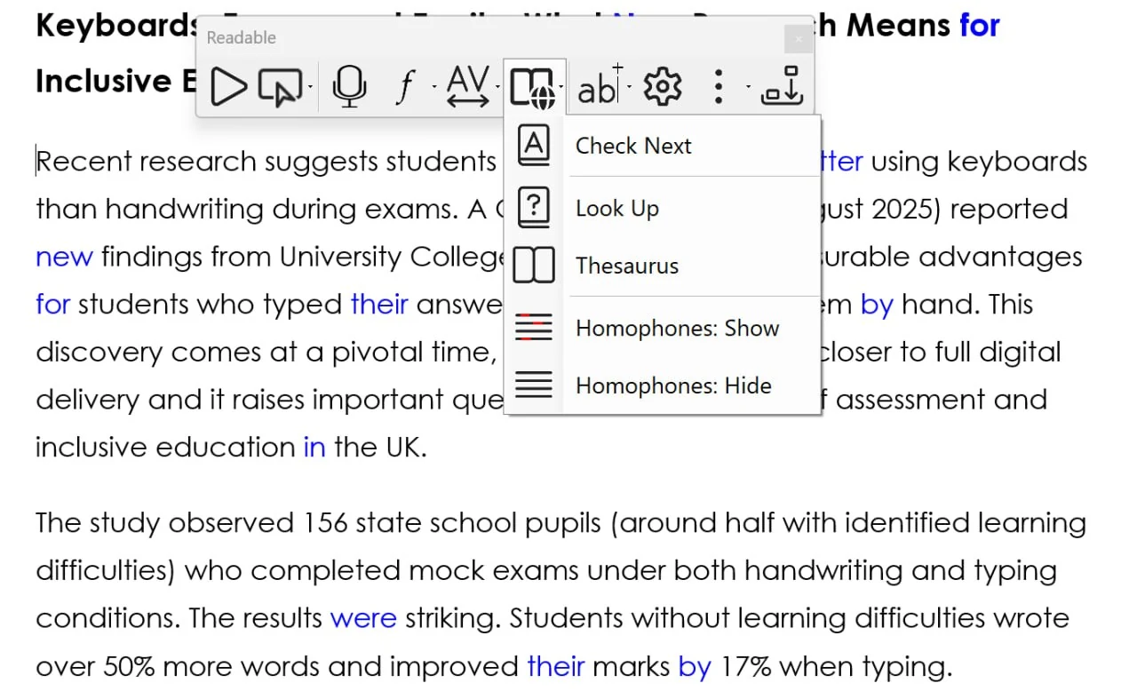 A Word document showing the result of Homophones: Show — homophones throughout the displayed text appear in blue, with words like 'for', 'new', 'their', 'by', 'in', 'were' all highlighted. The Readable Word Check menu is open above the document, with 'Homophones: Show' visible as a menu option.