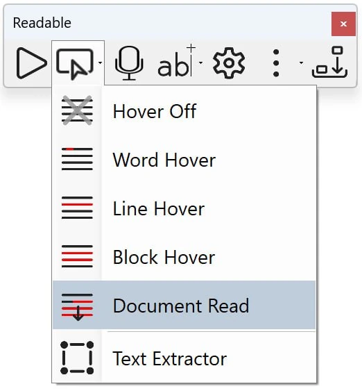 Hover dropdown menu showing the five available read modes