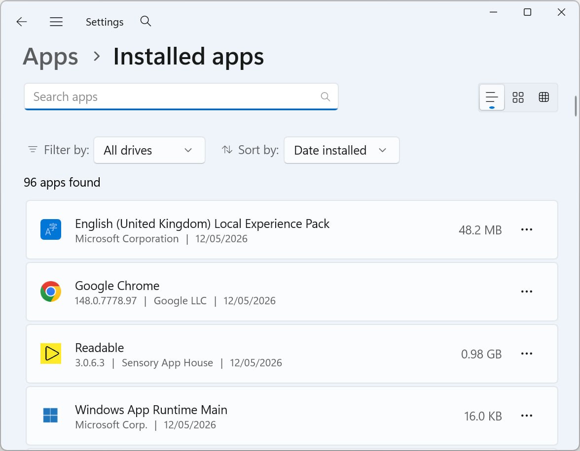 Windows 11 Settings showing Apps then Installed apps, with Readable 3.0.6.3 by Sensory App House listed at 0.98 GB. A three-dot menu sits at the right of the Readable row, which opens the Uninstall option.