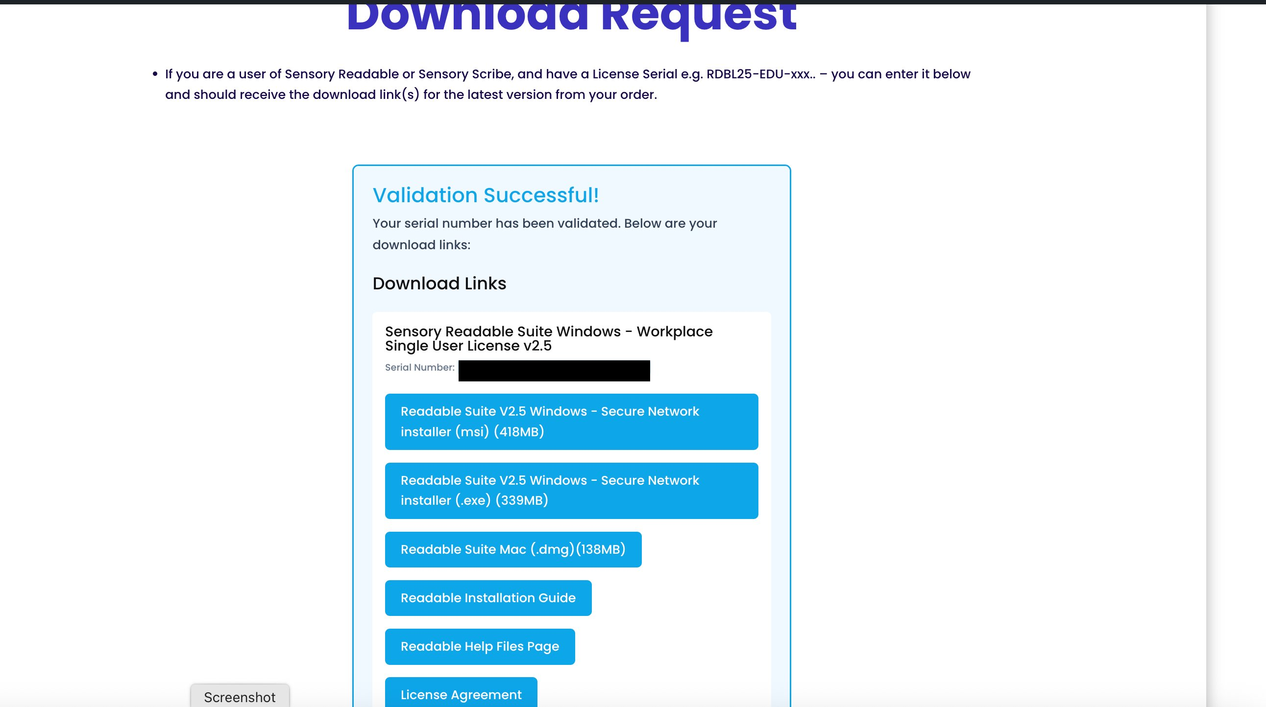 The same page after validation, showing 'Validation Successful!' and a list of download links — the Windows installers (.msi and .exe), the Mac .dmg, the installation guide, the help files page and the licence agreement.