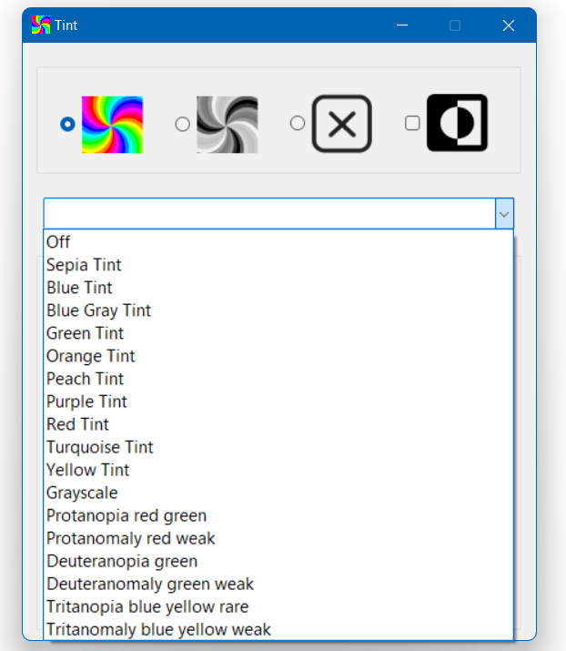 Sensory Tint preset colour and effect options dropdown list