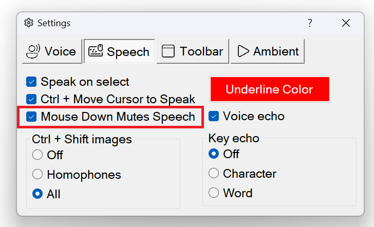 Readable Speech Settings showing the Mouse Down Mutes Speech option ticked