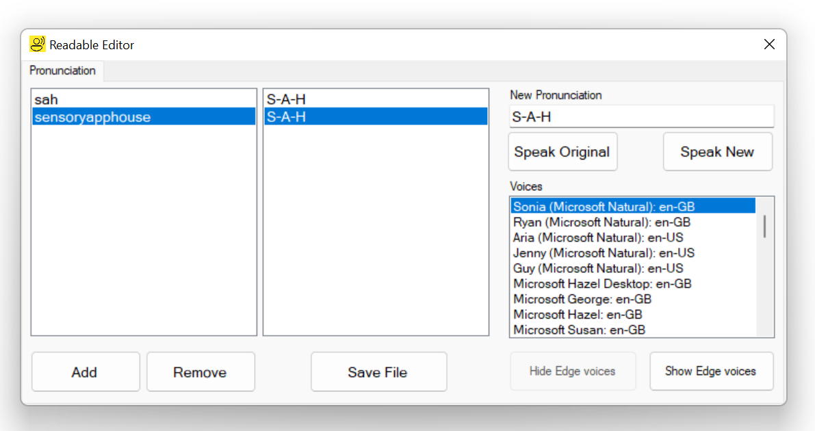 Readable Editor showing a pronunciation list with words and their custom phonetic spellings