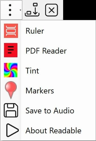 The Readable More menu opened from the toolbar's three-dot button, showing items: Ruler, PDF Reader, Tint, Markers, Save to Audio, and About Readable.