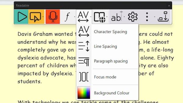 Readable Spacing and Colour menu showing character spacing, line spacing, paragraph spacing, Focus mode and document background colour options